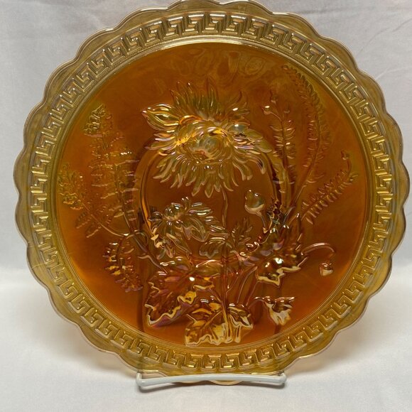 Imperial Carnival Glass Marigold Plate With Sunflower Design & Scalloped Edge - Picture 1 of 10